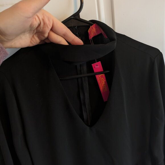 Catherine Malandrino Flowy Black High Neck V-Neck Blouse Bell Sleeves Peplum Sm - Picture 2 of 9